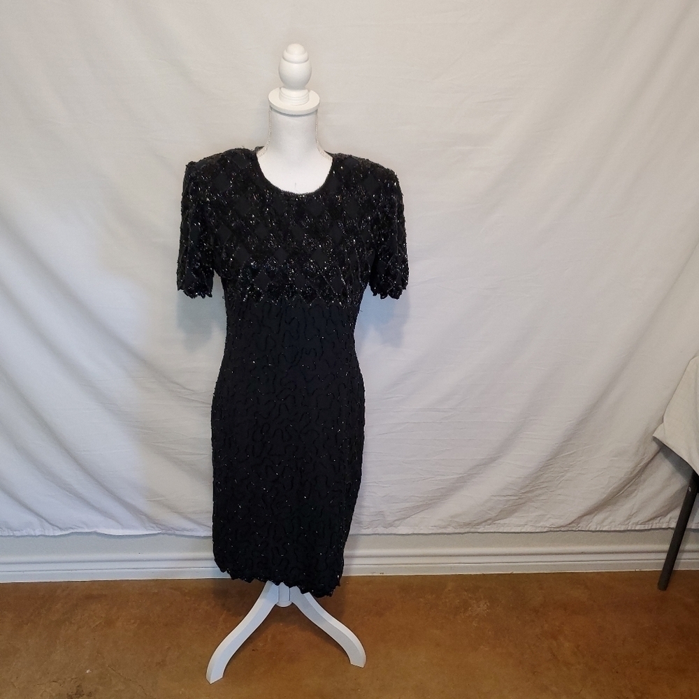 Vintage Laurence Kazar Black Beaded Cocktail Dress Size M